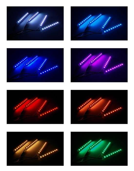 RGB-LED Innenbeleuchtung Auto, Ambientebeleuchtung Auto Atmosphäre Licht, Wasserdicht, Strip mit Zigarettenanzünder, 4x LED-Streifen 9 LEDs 5050, IR-Fernbedienung
